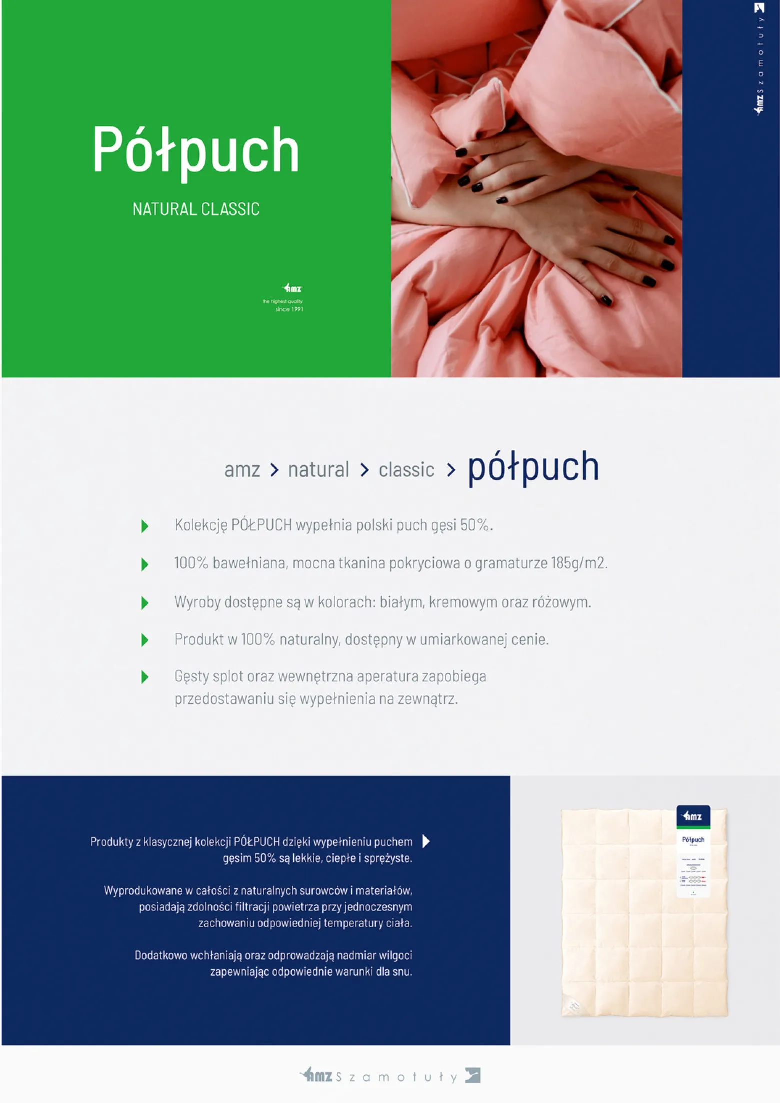Kołdra 200x220 całoroczna puchowa naturalna PÓŁPUCH