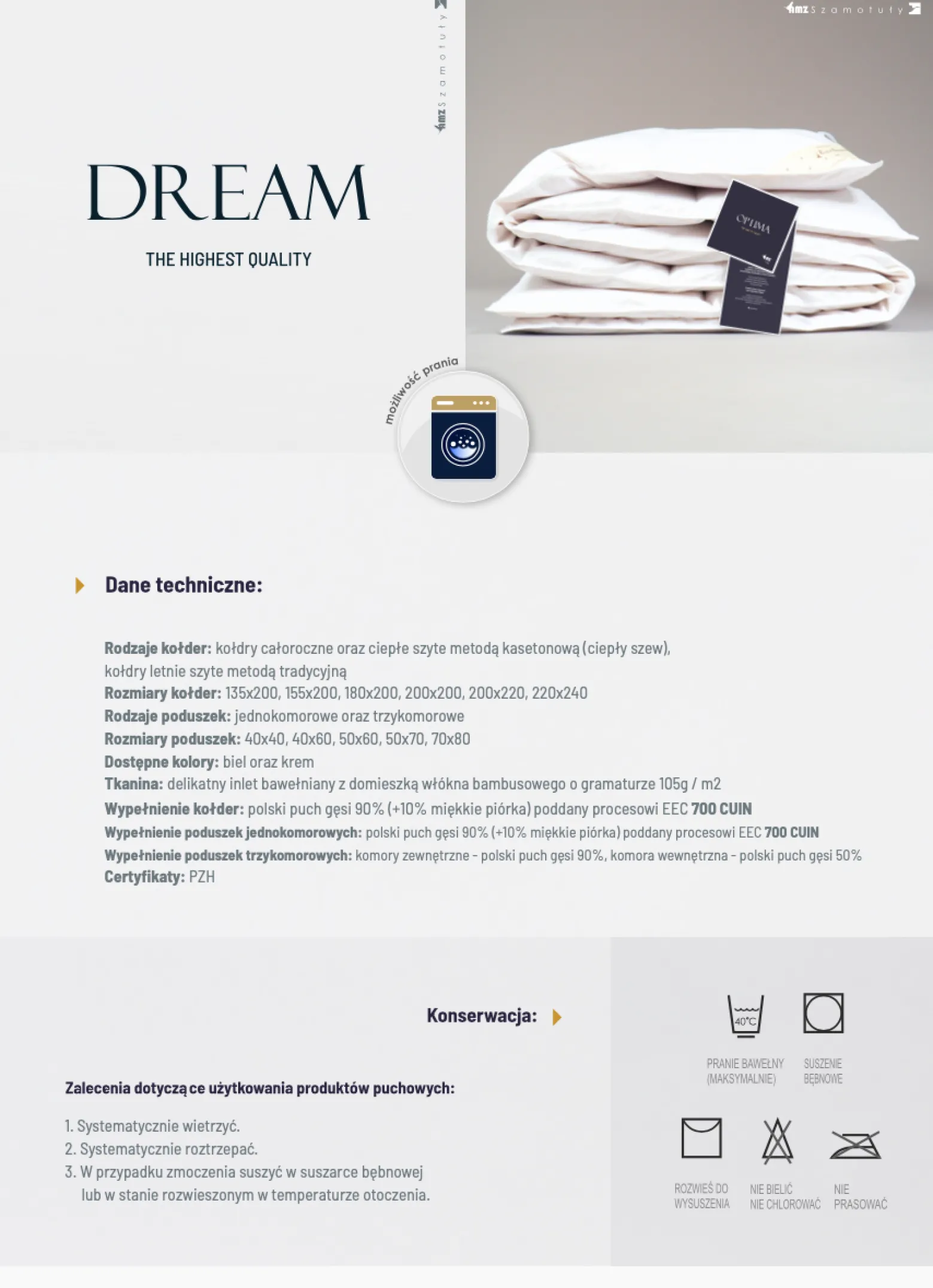 Kołdra 200x220 zimowa bambusowa puchowa naturalna antyalergiczna DREAM