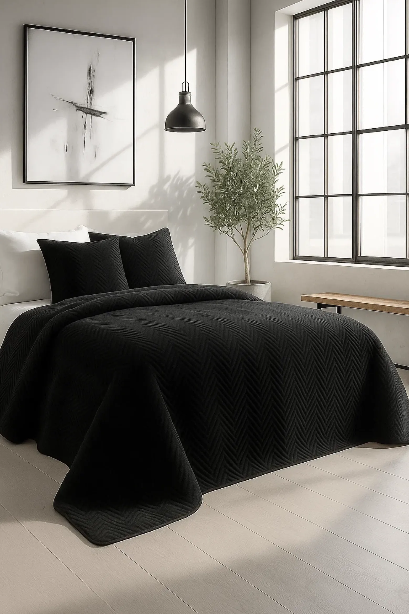 Narzuta dekoracyjna welurowa w jodełkę CHEVRON VELVET 220x240 czarna