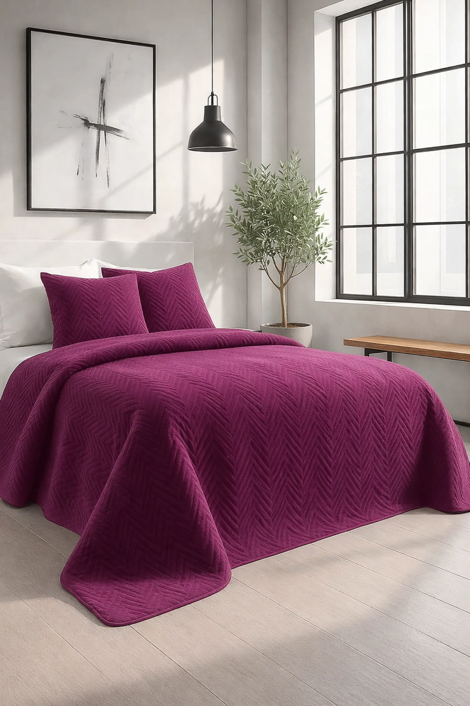 Narzuta dekoracyjna welurowa w jodełkę CHEVRON VELVET 200x220 fuksja
