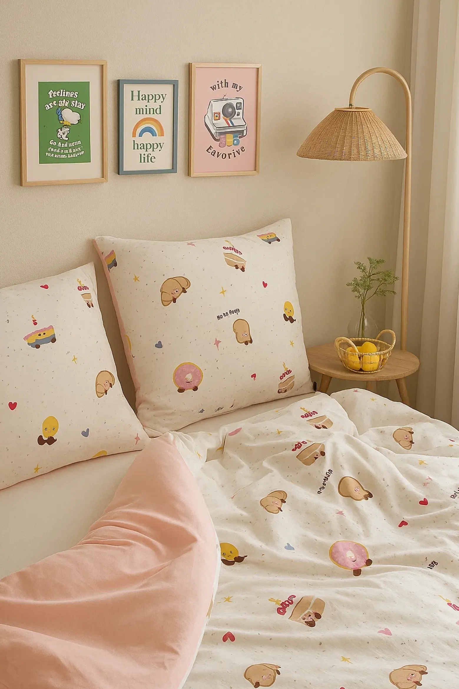 Pościel z mikrofibry biała w ciastka i donuty 140x200 3 el. Donuts F10 na zamek bez prasowania