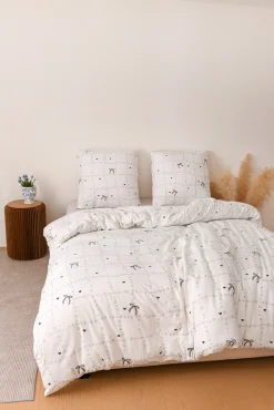 Pościel z mikrofibry biała w kokardki 160x200 3 el. Ribbon F21 na zamek bez prasowania