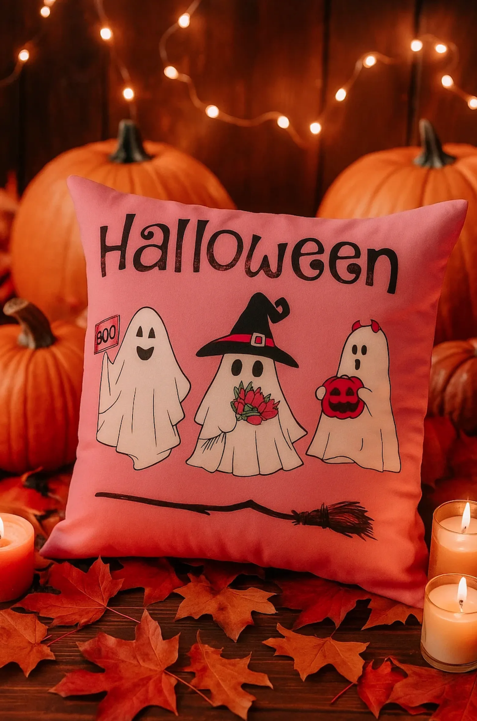 Poszewka na poduszkę Halloween różowa w duszki 40x40 PINK GHOSTS