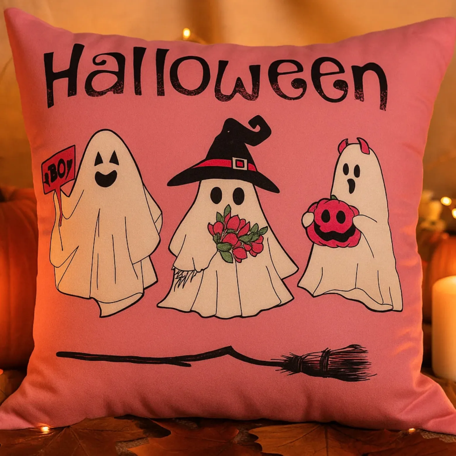 Poszewka na poduszkę Halloween różowa w duszki 40x40 PINK GHOSTS