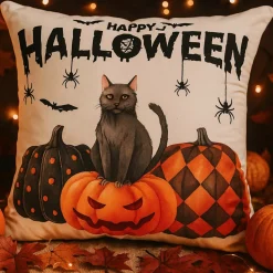 Poszewka na poduszkę Halloween biała z napisem, kotem, dyniami 40x40 HAPPY HALLOWEEN