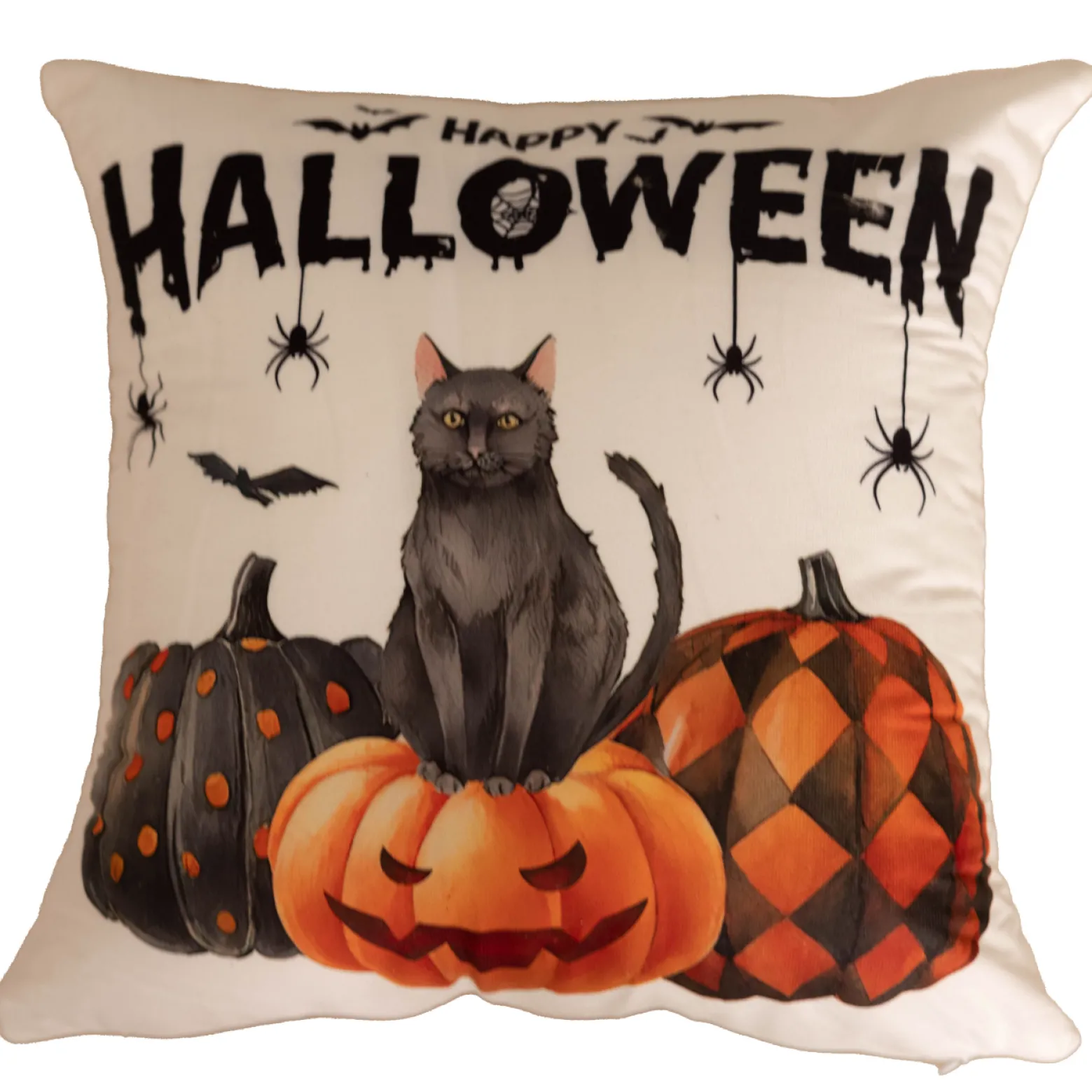 Poszewka na poduszkę Halloween biała z napisem, kotem, dyniami 40x40 HAPPY HALLOWEEN