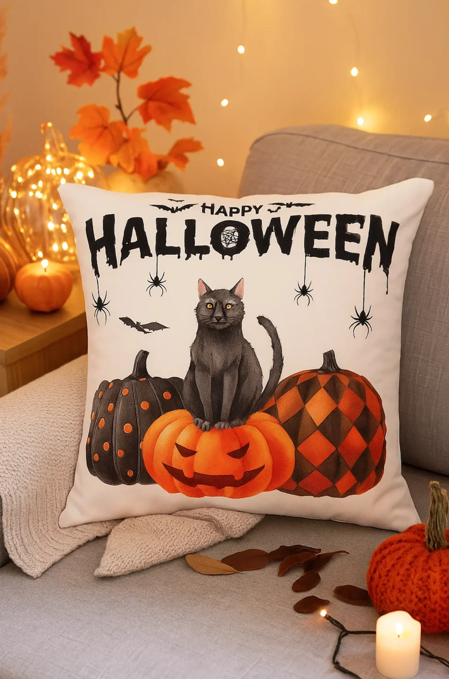 Poszewka na poduszkę Halloween biała z napisem, kotem, dyniami 40x40 HAPPY HALLOWEEN