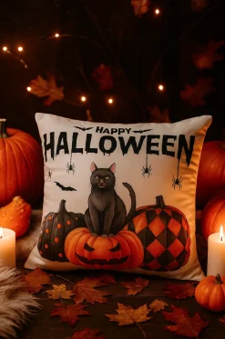 Poszewka na poduszkę Halloween biała z napisem, kotem, dyniami 40x40 HAPPY HALLOWEEN
