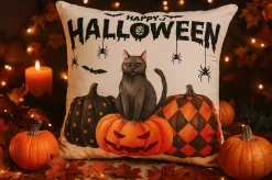Poszewka na poduszkę Halloween biała z napisem, kotem, dyniami 40x40 HAPPY HALLOWEEN