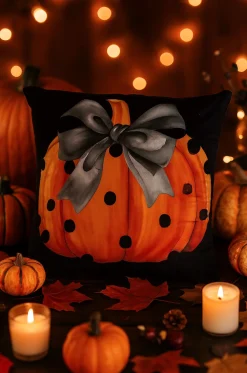 Poszewka na poduszkę Halloween czarna z dynią i kokardą 40x40 PUMPKIN