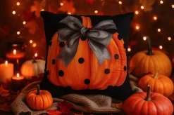 Poszewka na poduszkę Halloween czarna z dynią i kokardą 40x40 PUMPKIN
