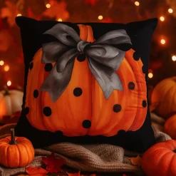 Poszewka na poduszkę Halloween czarna z dynią i kokardą 40x40 PUMPKIN