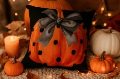 Poszewka na poduszkę Halloween czarna z dynią i kokardą 40x40 PUMPKIN