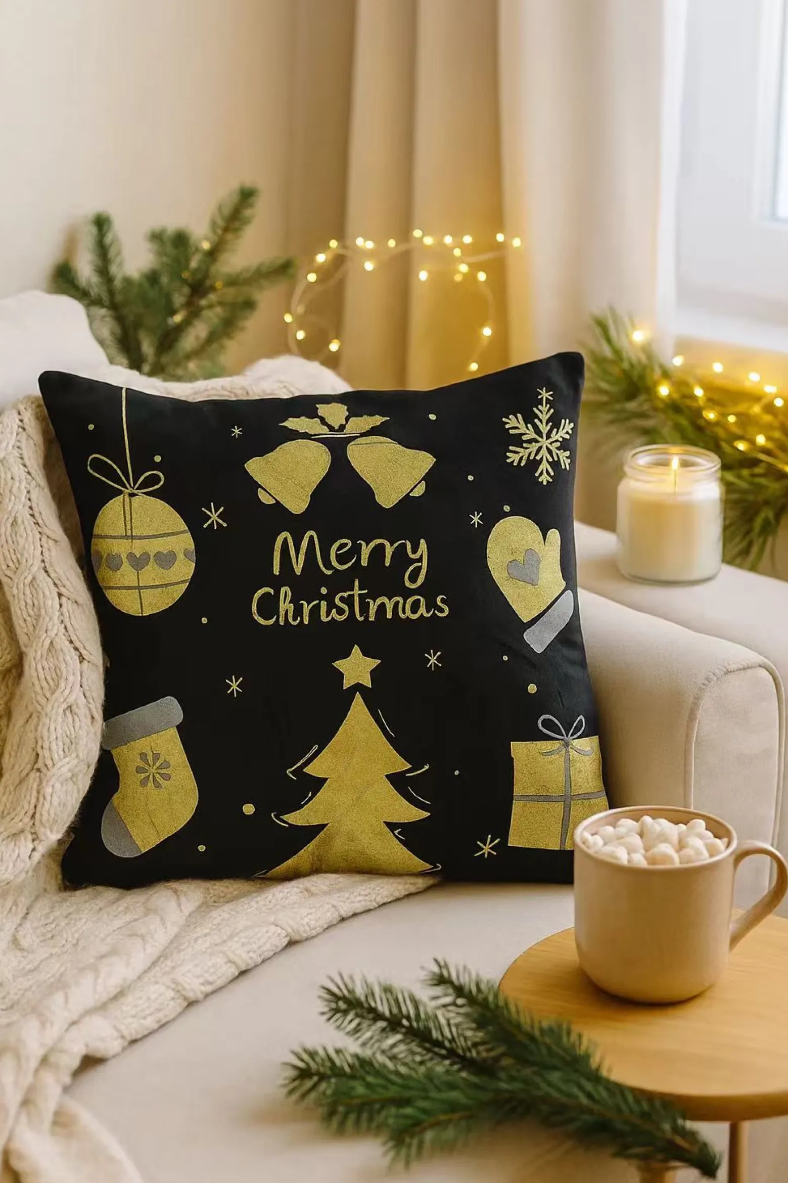Poszewka na poduszkę świąteczna czarna Merry Christmas z prezentami 40x40