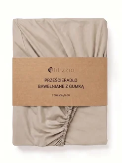Prześcieradło z gumką bawełniane na wysoki materac beżowe 200x220 + 30 cm zakładki