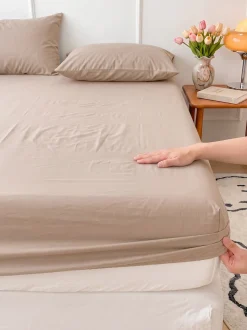 Prześcieradło z gumką bawełniane na wysoki materac beżowe 200x220 + 30 cm zakładki