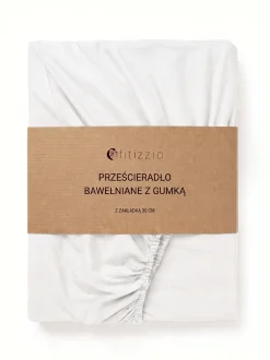 Prześcieradło z gumką bawełniane na wysoki materac białe 160x200 + 30 cm zakładki