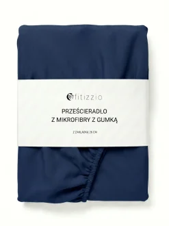 Prześcieradło z gumką z pranej mikrofibry niebieskie granatowe 90x200 + 26 cm zakładki